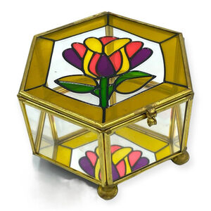 Vintage Brass Stained Glass Trinket Box Jewelry Flower Floral Mirrored Footed